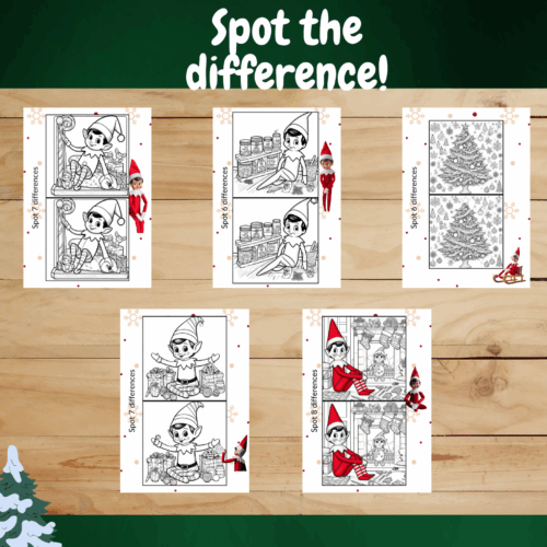 Spot the difference elf on the shelf colouring sheets